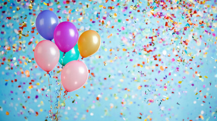 Brightly colored balloons float amidst a shower of confetti in a festive environment celebrating a joyful occasion