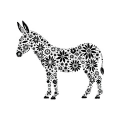 Donkey made by simple flower drawing, black and white animal illustration