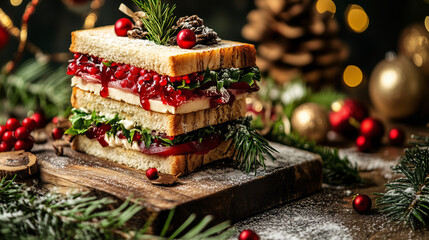 A festive holiday-themed sandwich with seasonal ingredients and decorative garnishes, set on a holiday-themed table