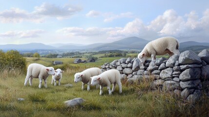 Obraz premium Lambs Grazing Near a Rustic Stone Wall, Discuss the traditional scene of lambs grazing peacefully near an old stone wall in the countryside.