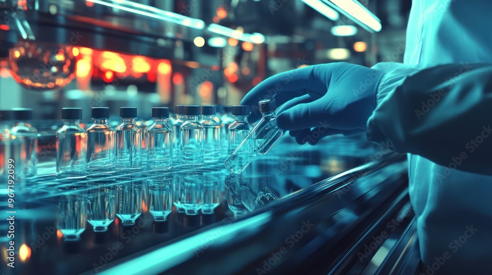 Poster scientist in a lab with multiple glass vials