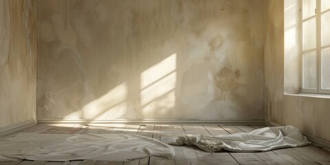 Spacious room awaiting a new coat of paint with protective drop cloths in place