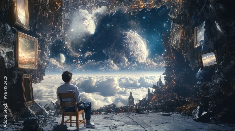 Poster man sitting on chair in surreal room with floating frames and cosmic view of planets and stars