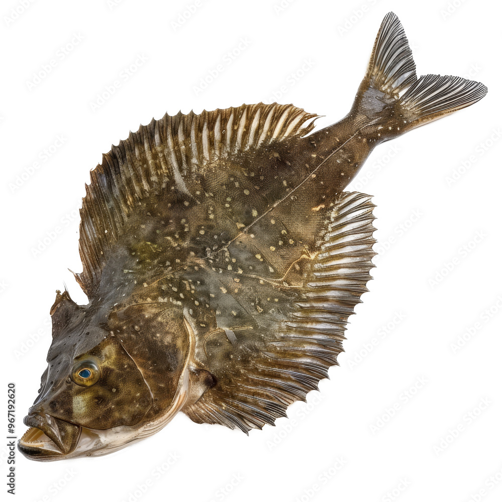 Poster freshly caught flounder displayed on a clean white surface, showcasing its unique shape and texture 