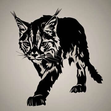 recommend clip art: Black and white silhouette of a bobcat with a grey background.