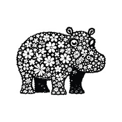 Obraz premium Hippo made by simple flower drawing, black and white animal illustration