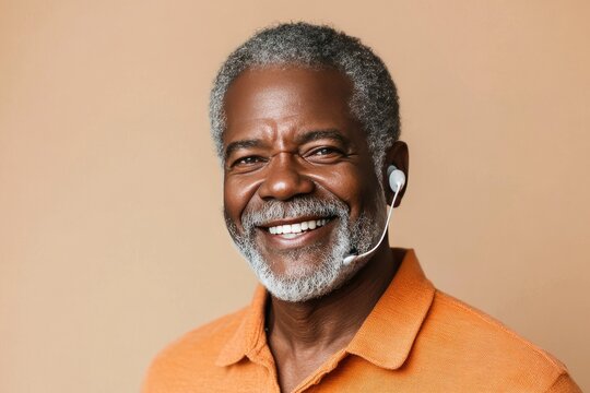Smiling senior man wearing headphones. Perfect for a website or article about audio technology.