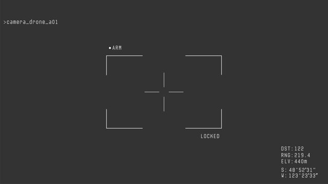 War drone camera viewfinder overlay. Template for military  battle drone cam. Camera frame vector template. White lines Ui on black background. Realistic combat drone UI frame for games video, photo.