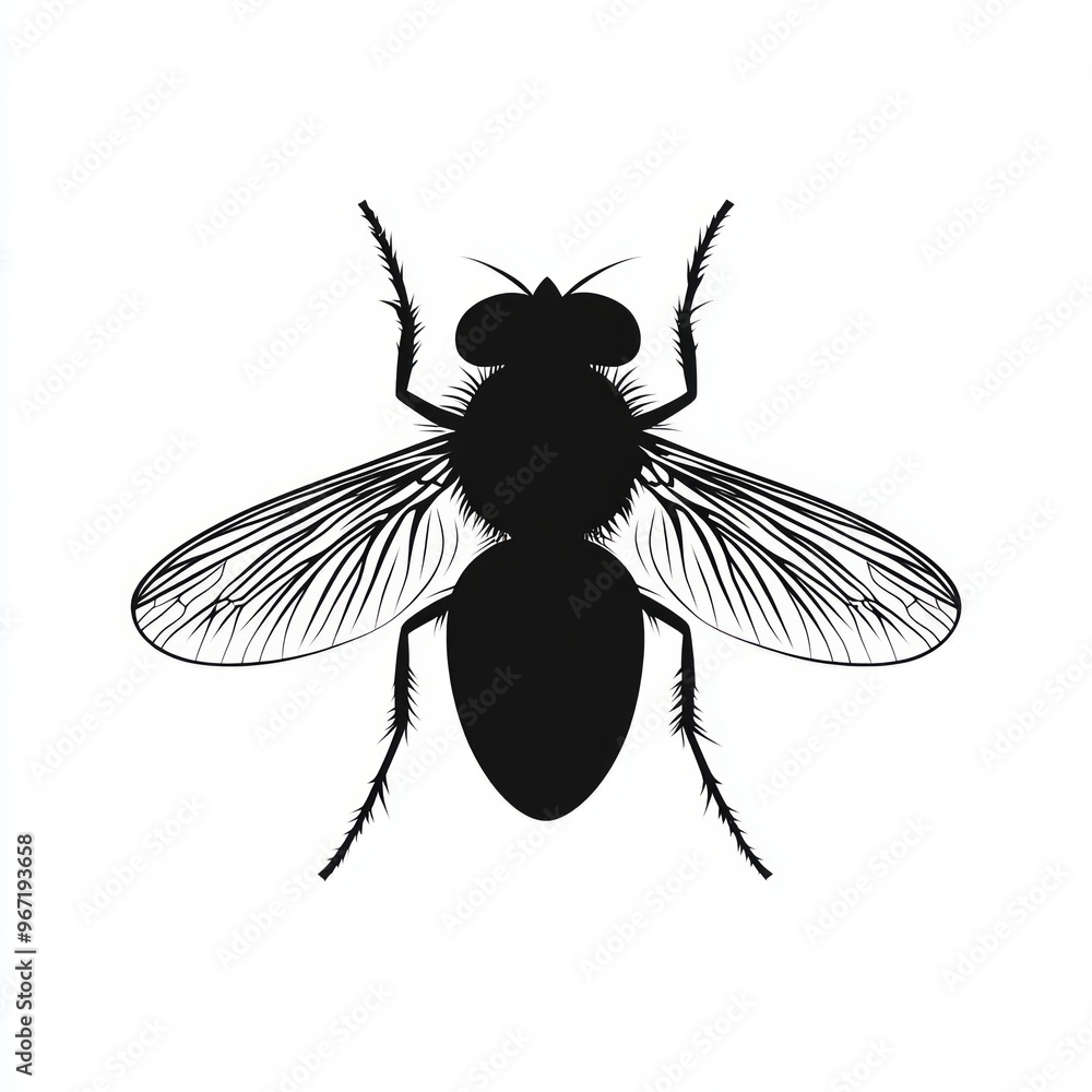 Wall mural Black and white silhouette of a fly with spread wings.