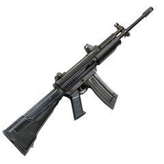 Close-up of a black rifle showcases its design and features, set against a transparent background for clarity and focus