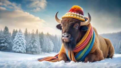 Mighty Bison Embracing Winter Fun with Colorful Knitwear in Snowy Wilderness