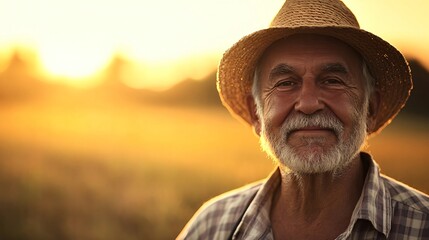 Fototapeta premium Elderly farmer with a white beard and straw hat smiles contentedly in a sun-kissed field at sunset, radiating wisdom and experience. Copy space
