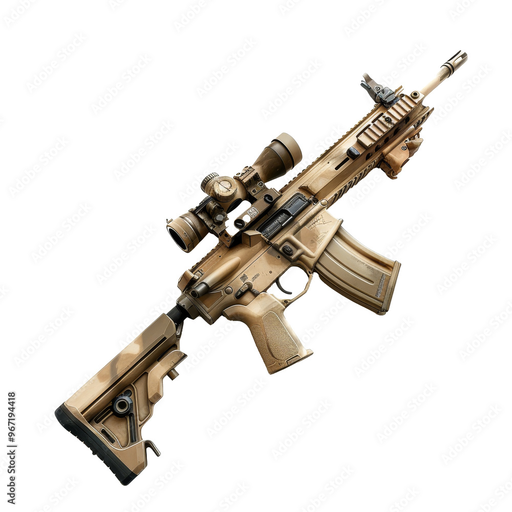 Poster a tactical rifle equipped with a scope and detachable magazine displayed on a plain background, focu
