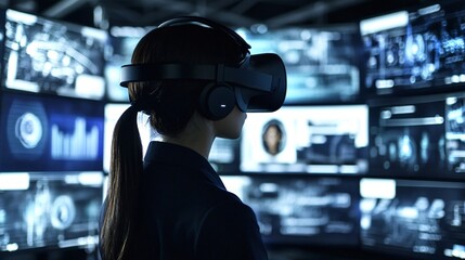 Businesswoman is wearing a vr headset and analyzing data displayed on multiple screens. She is standing in a dark room with the screens illuminated