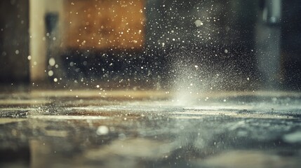 Action shot of a pressure cleaner blasting dirt off a floor, water droplets and grime suspended in the air, capturing the moment of impact