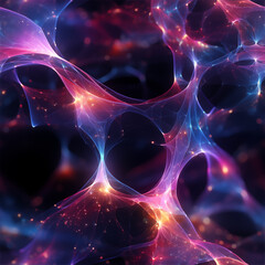 Surreal cosmic web pattern with interconnected glowing orbs, nebulous clouds, and delicate threads, ethereal and abstract 