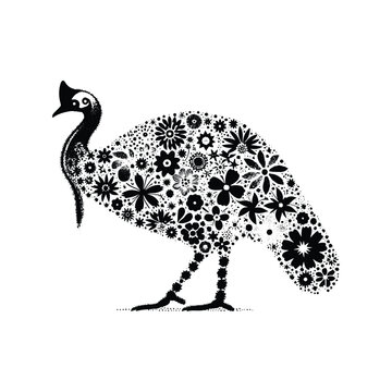 recommend clip art: Cassowary bird made by simple flower drawing, black and white animal illustration