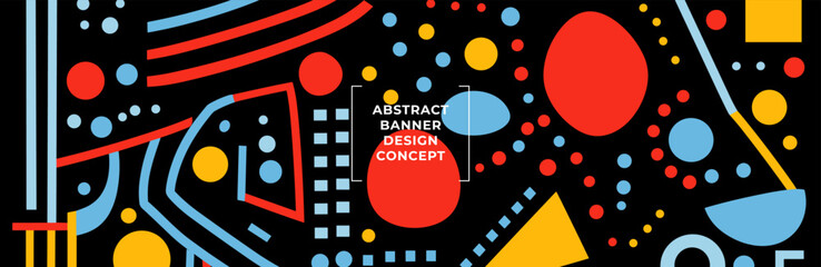 Abstract horizontal art banner with naive graphic doodle shapes and geometric patterns, perfect for colorful modern artistic design projects and creative backgrounds. Eps