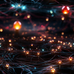 Surreal cosmic web pattern with interconnected glowing orbs, nebulous clouds, and delicate threads, ethereal and abstract 