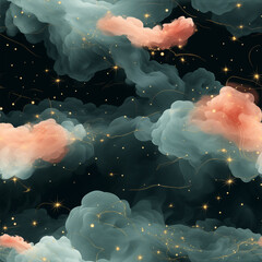 Surreal cosmic web pattern with interconnected glowing orbs, nebulous clouds, and delicate threads, ethereal and abstract 