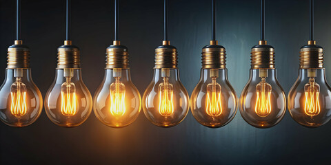 Obraz premium Row of glowing light bulbs on dark background, light bulbs, glowing, row, dark background, illumination, electricity
