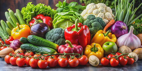 Fresh and healthy assortment of vegetables and fruits including tomato, pepper, cucumber, broccoli, cabbage, onion, garlic, and more