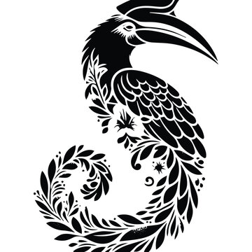 recommend clip art: Hornbill bird made by simple botanical drawing, black and white animal illustration