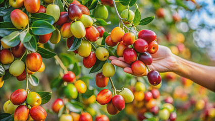 Obraz premium Close up of colorful jujube fruits being picked from a tree, jujube, fruit, colorful, harvest, pick, tree, organic, fresh, ripe