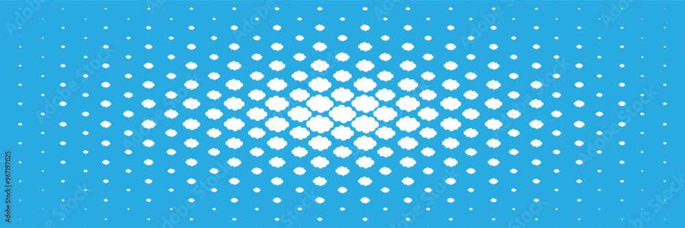 Poster horizontal faded white clouds on blue from center for pattern and background.