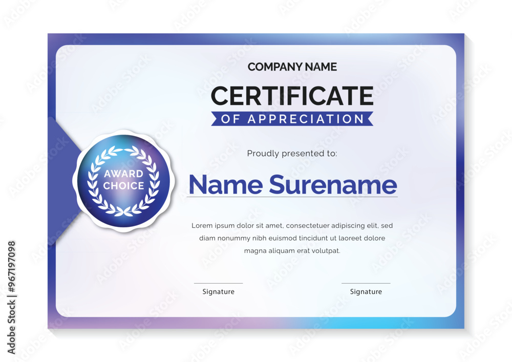 Wall mural modern blue gradient certificate template with award badge