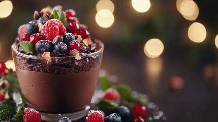 Delicious chocolate mousse dessert with fresh berries, chocolate chips and mint leaves on a dark rustic wooden table.