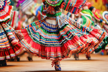 Hispanic dancers swirl in vibrant, traditional dresses, celebrating culture, movement, and heritage