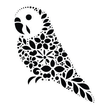 recommend clip art: Lovebird made by simple flower drawing, black and white animal illustration
