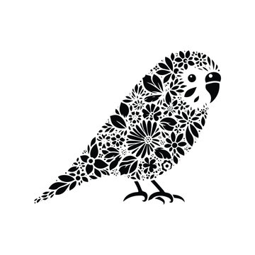recommend clip art: Lovebird made by simple flower drawing, black and white animal illustration