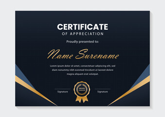 Fototapeta premium elegant dark blue and gold certificate template with award badge