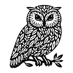 Fototapeta premium Owl bird made by simple botanical drawing, black and white animal illustration