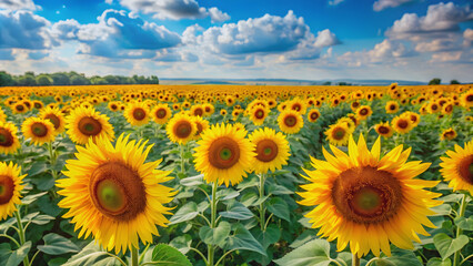 Obraz premium Vibrant sunflowers standing tall in a vast field , nature, yellow, flowers, agriculture, landscape, sunny, summer, colorful, growth