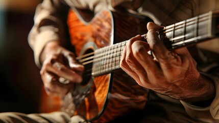 Fototapeta premium Close-up of hands playing an acoustic guitar