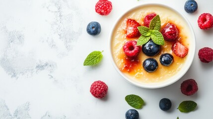 A bowl of creamy custard topped with fresh berries and a sprig of mint, arranged on a light gray marble surface.
