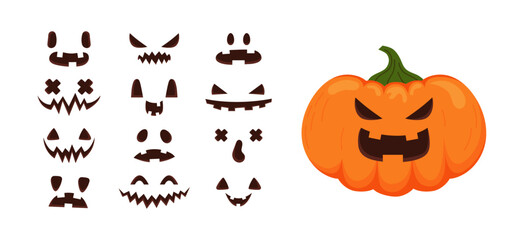 Halloween pumpkin with different emotions. Set of spooky faces for jack o lantern. Vector collection