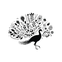 Obraz premium Peacock bird made by simple botanical drawing, black and white animal illustration