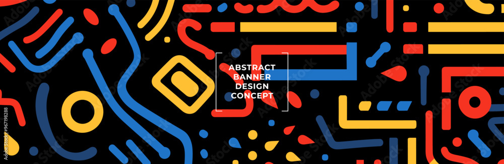 Poster colorful abstract banner with naive doodle forms in geometric patterns, primitive style ideal for co