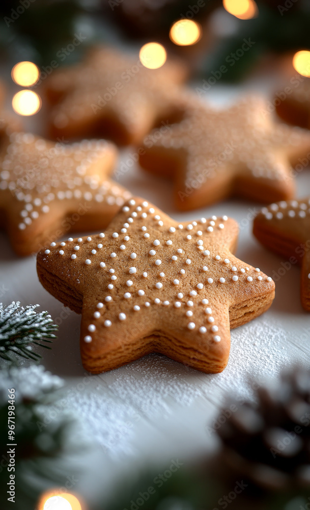 Poster a close up of a star shaped cookie with white icing and sprinkles. the cookie is surrounded by pine 
