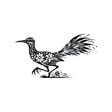 recommend clip art: Roadrunner bird made by simple flower drawing, black and white animal illustration