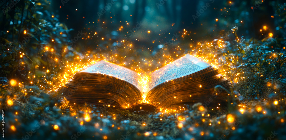 Poster a book is open to a page with a glowing light on it. the light is shining on the pages of the book, 