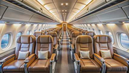 Interior of an airplane with comfortable seating and overhead compartments, airplane, interior, cabin, seating