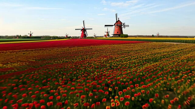 Fly-through video over a vast tulip field in the Netherlands with windmills in the distance.  Natural light, high speed video.