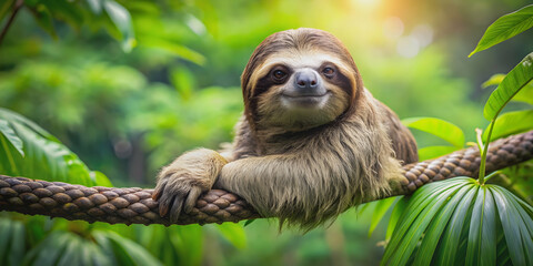 Fototapeta premium Sloth peacefully resting on a tree branch in the lush rainforest , sloth, rainforest, wildlife, nature, tree, branch, peaceful