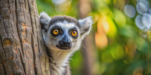 Obraz premium Cute lemur peeking out from behind a tree, lemur, wildlife, animal, curious, tree, nature, Madagascar, adorable, furry