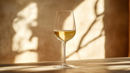 Obraz premium Chilled White Wine drink in modern off-white minimalist trendy stylish vegan plant-based cafe bar setting with stucco concrete wall, product photography, outdoors, sunny, beverage, bright, shadow play